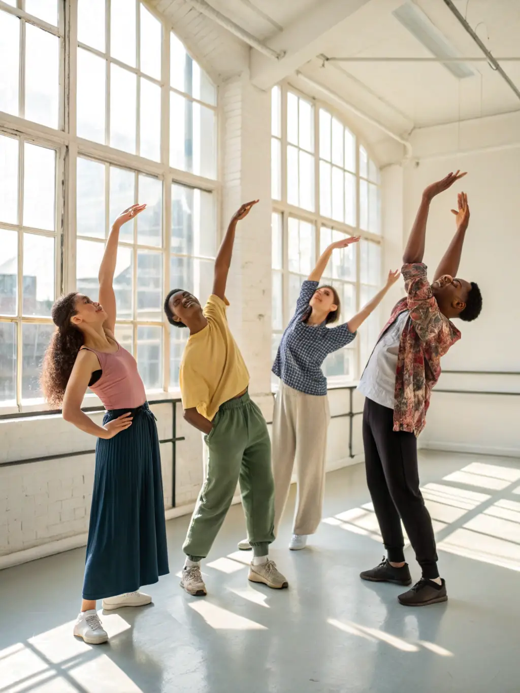 A diverse group of people laughing and stretching together during a gentle aerobics class, showcasing the friendly and inclusive atmosphere of Energym Seboncourtoise.