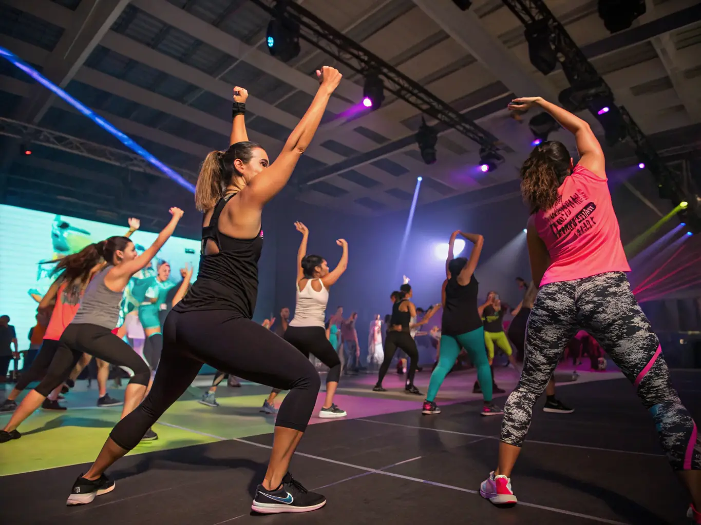 A dynamic instructor leading a high-energy aerobics class with participants using steps and weights, showcasing a more intensive workout option at Energym Seboncourtoise.