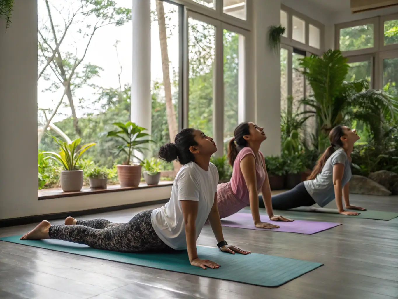 A group of participants in a gentle aerobics class, performing stretching exercises with smiles, in a well-lit, spacious hall with soft mats and supportive instructors.