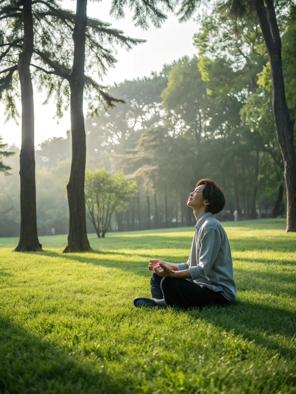 A serene individual meditating after a gentle aerobics session, emphasizing the mental relaxation benefits offered by Energym Seboncourtoise.