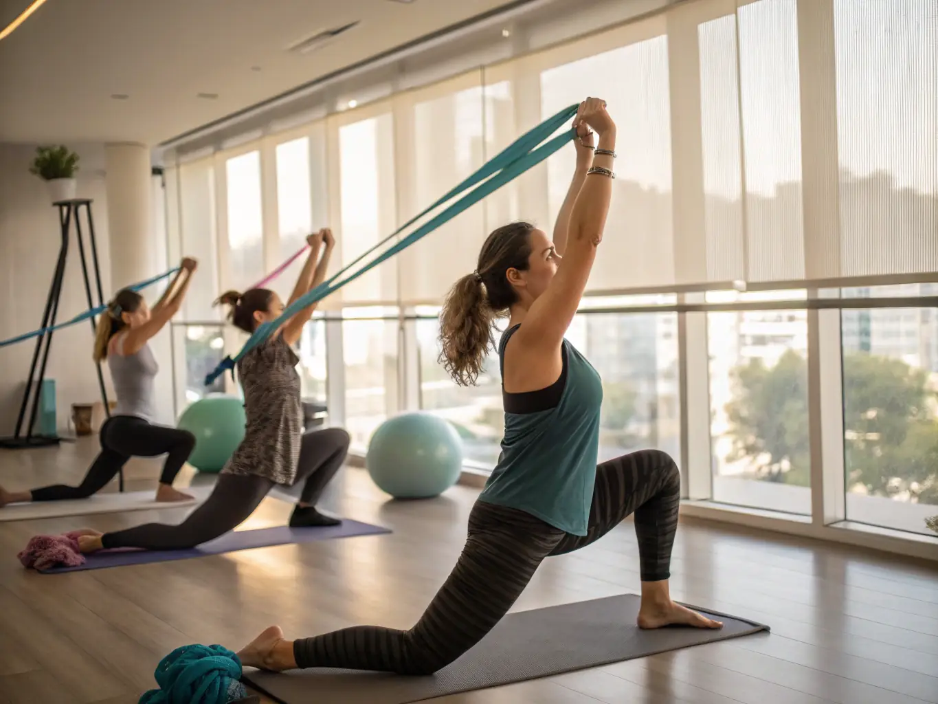 A photograph of a group of people participating in a strength training session, using light weights and resistance bands, guided by a certified instructor in a community center.