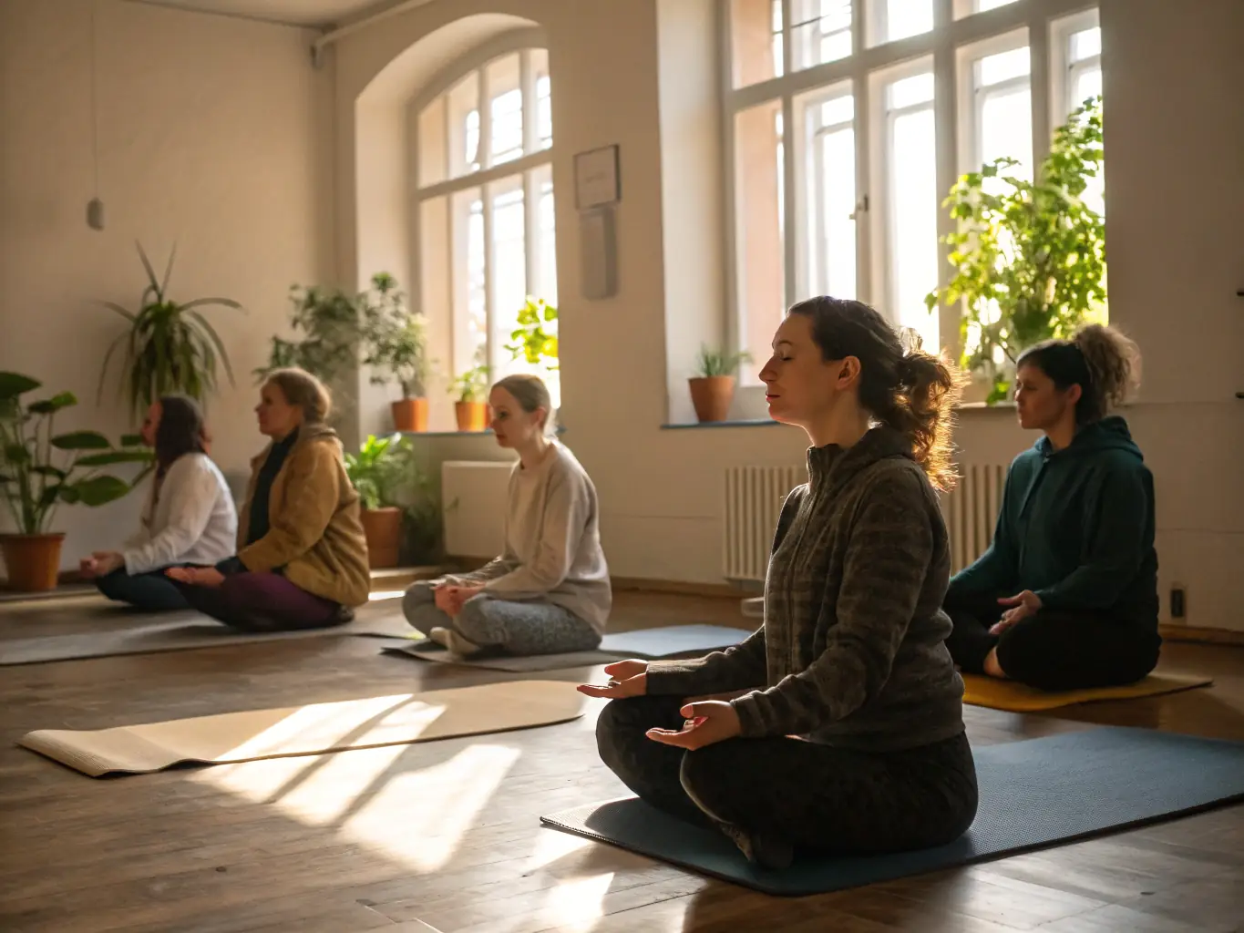 A serene image of participants practicing yoga and stretching exercises in a peaceful setting, representing the relaxation and flexibility programs at Energym Seboncourtoise.