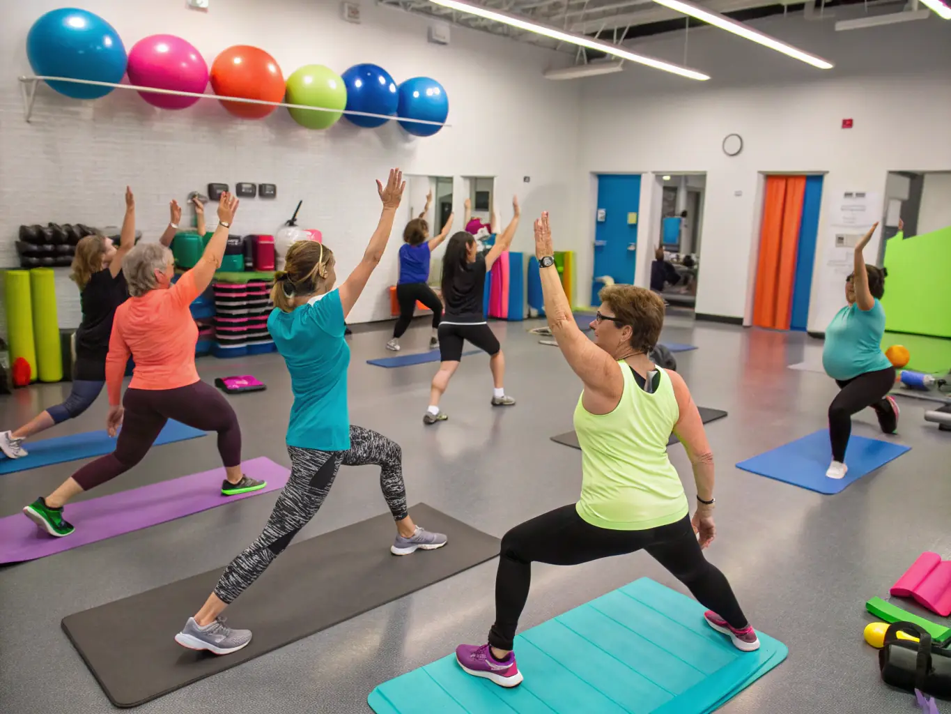 A group of smiling participants engaging in low-impact aerobics in a bright, welcoming studio, demonstrating the gentle aerobics class offered by Energym Seboncourtoise.